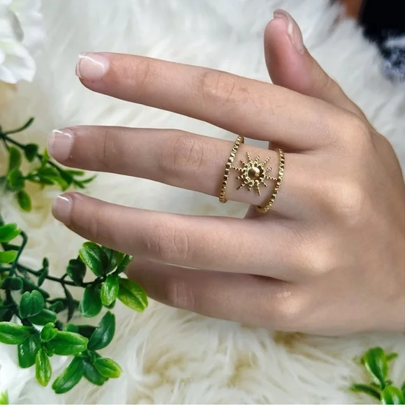 Stainless Steel Gold Tone Sunburst Adjustable Ring (R42) - Picture 3 of 10